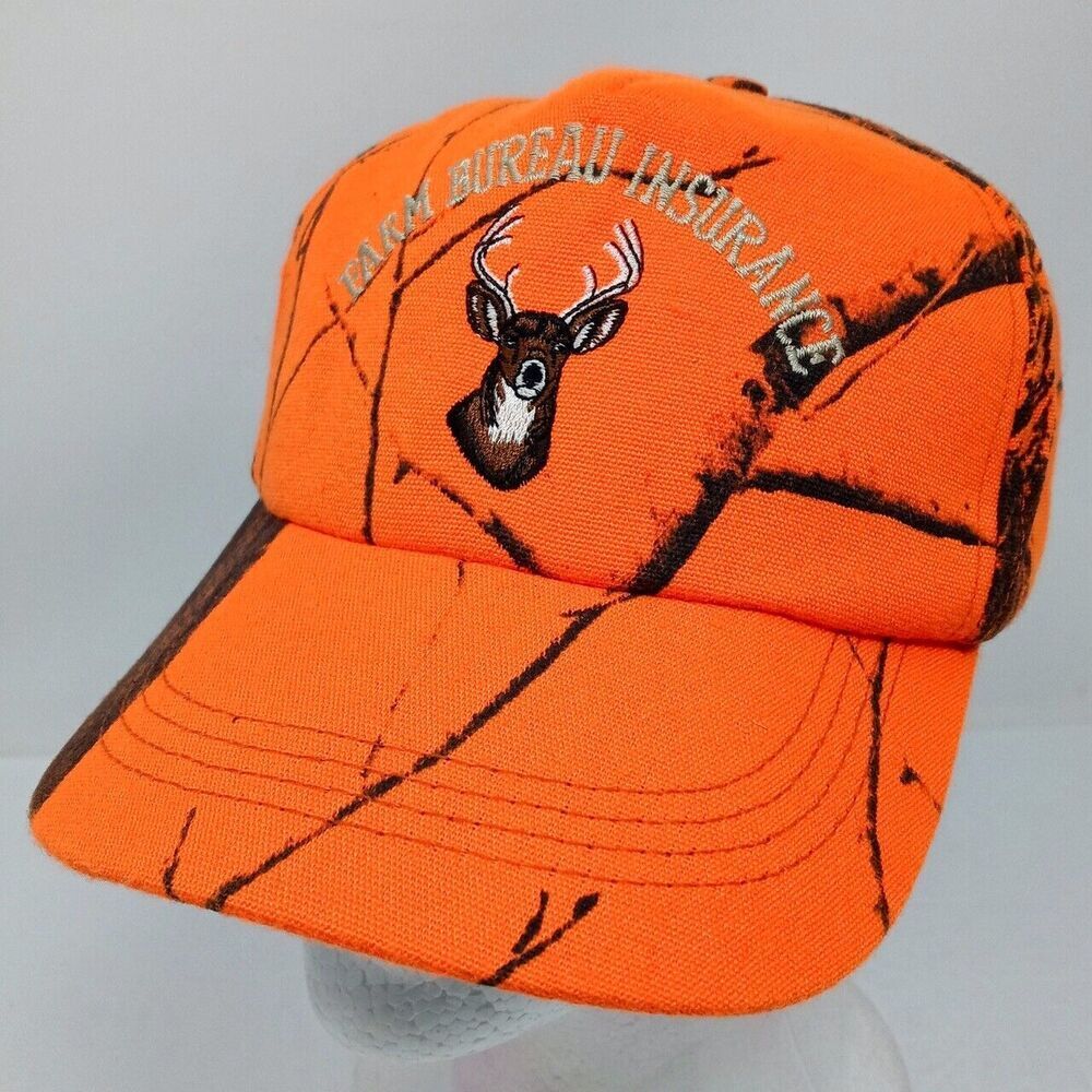 Vintage Farm Bureau Insurance Orange Camo Made in USA Snapback Trucker Hat Cap